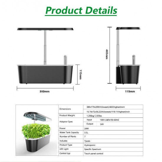 Smart Plant Led Grower Monitor Hydroponics Flower 7 Pots - Black