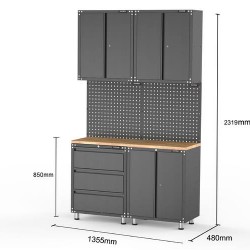 1355mm x 480mm x 2319mm Black Workshop Garage Storage Cabinet Set